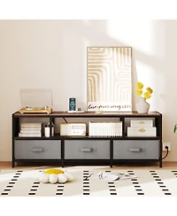 Gouun Industrial 55-Inch Tv Stand with Power Outlets and Fabric Drawers