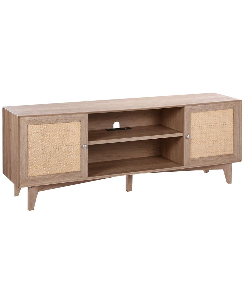 Sugift Rattan Tv Stand, Mid Century Modern, Adjustable Shelfs, with Usb Ports for Living Room