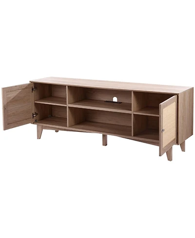Sugift Rattan Tv Stand, Mid Century Modern, Adjustable Shelfs, with Usb Ports for Living Room