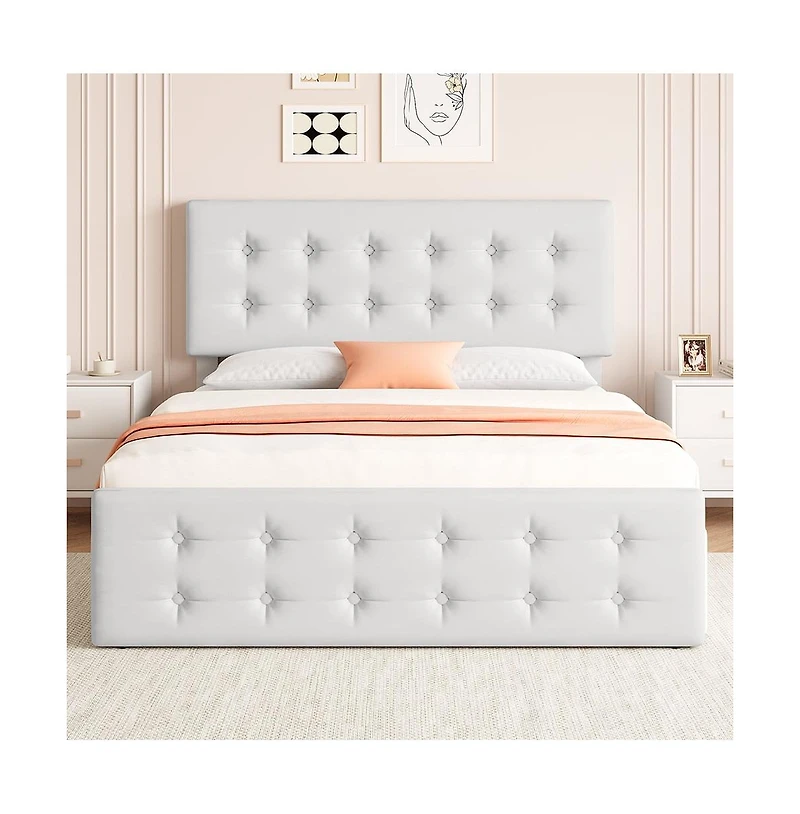 gaomon Noise-Free Full Platform Bed Frame-Upholstered Headboard-4 Storage Drawers-Button Tufted-White