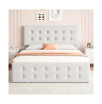 gaomon Noise-Free Full Platform Bed Frame-Upholstered Headboard-4 Storage Drawers-Button Tufted-White