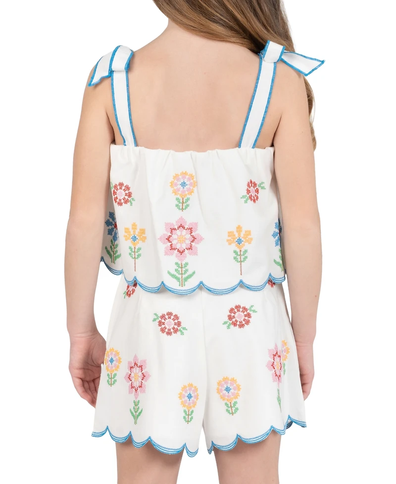Tween Diva Girls' 7-16 Floral Embroidered Scallop Top and Shorts, 2-Piece Set
