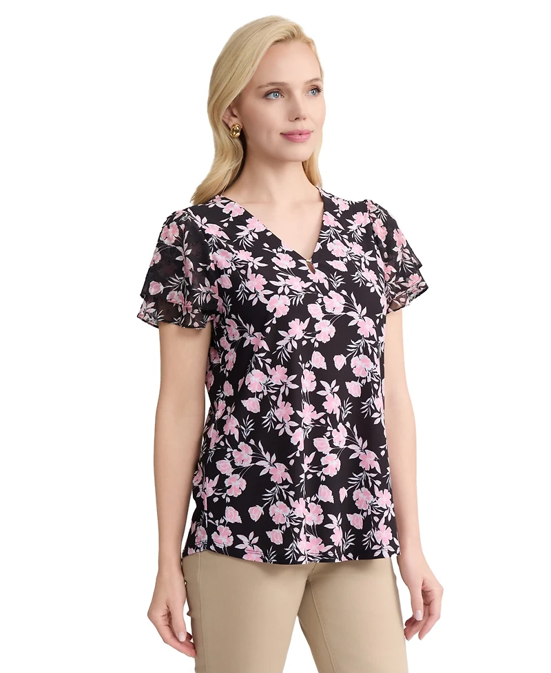 Jones New York Women's Flutter-Sleeve V-Neck Top