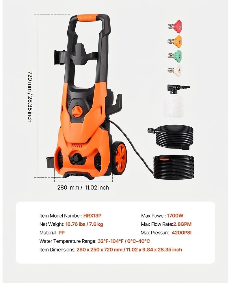 Sugift Electric Pressure Washer, 2000 Psi, 2.8 Gpm, with Nozzles and Foam Cannon