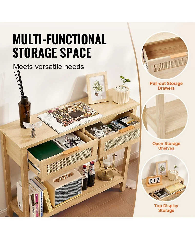 Gouun Rattan Console Table with 2 Drawers and Sliding Door