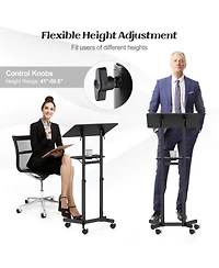 Gouun Rolling Lectern Podium Stand with Tilting Top and Storage Tray