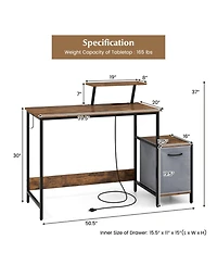 Gouun Reversible Computer Desk with Charging Station, Fabric Storage Drawer and Adjustable Shelf