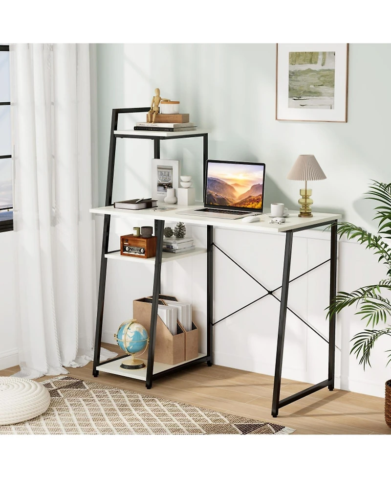 Gouun Computer Desk with 3-Tier Side Bookshelf, Anti-Fall Guard Rail and Adjustable Foot Pads