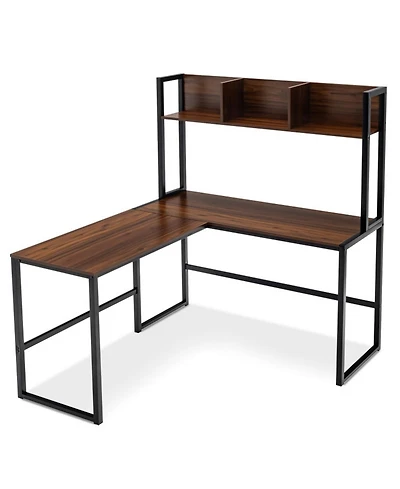 Gouun Reversible L-Shaped Corner Desk with Open Storage Hutch and Footrest Bars
