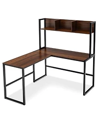Gouun Reversible L-Shaped Corner Desk with Open Storage Hutch and Footrest Bars