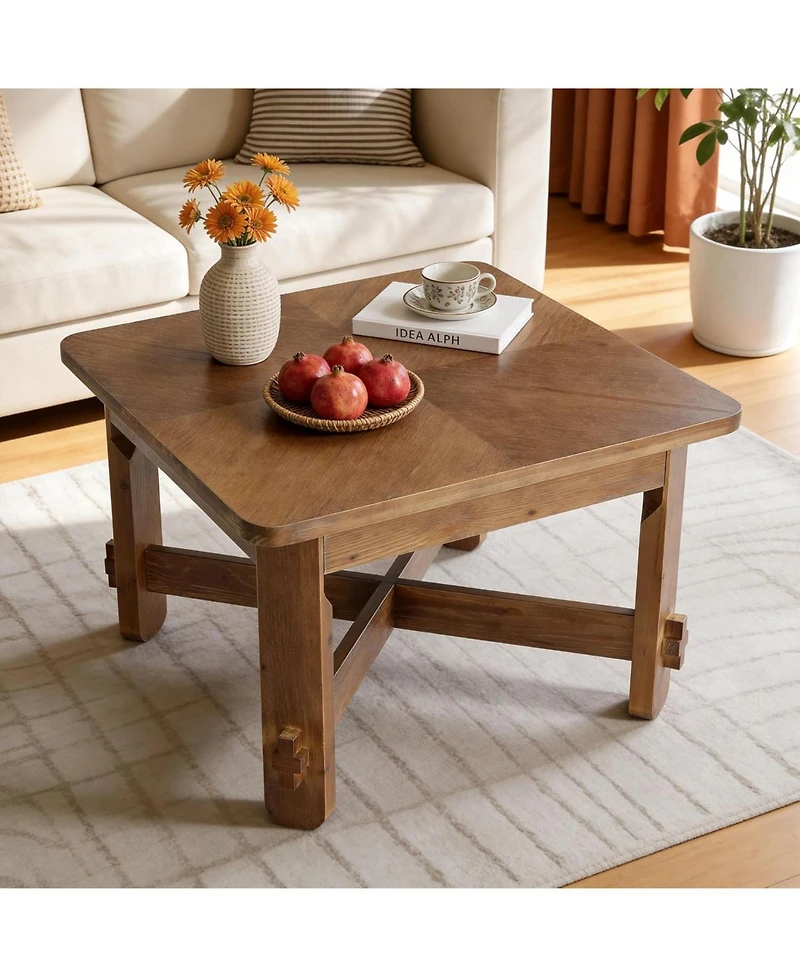 Tribesigns Solid Wood Square Coffee Table, 31.5" Farmhouse Accent Center Table with Sturdy Cross-braced Legs, Mid-Century Modern Tea Cocktail Tables