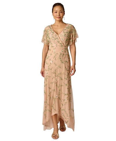 Adrianna Papell Women's Bead Flutter-Sleeve Midi Mesh Dress