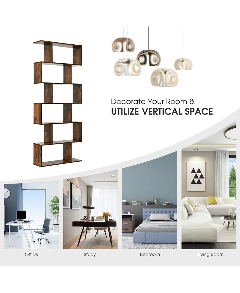 Gouun 6-Tier S-Shaped Display Bookshelf with Open Compartments, 31.5 x 9 x 75