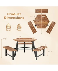 Gouun 6-Person Acacia Wood Picnic Table and 3-Bench Set with Umbrella Hole