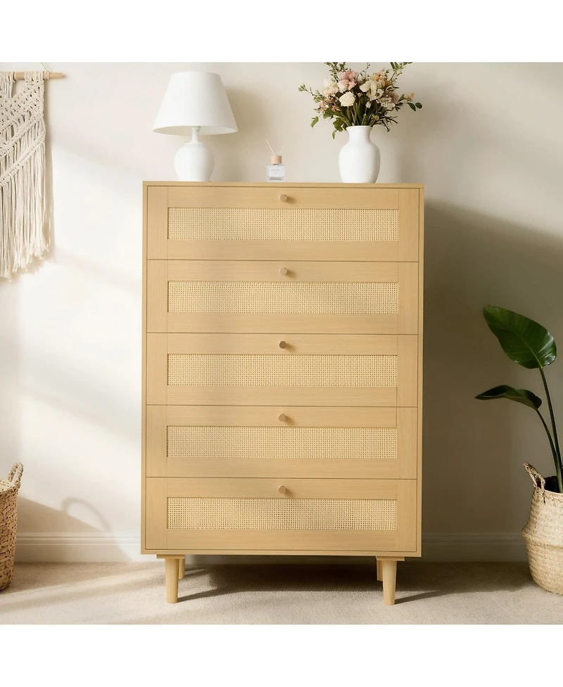 Sugift 5 Drawer Rattan Dresser, Modern Closet Chest with Metal Handles, Wood Legs