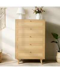 Sugift 5 Drawer Rattan Dresser, Modern Closet Chest with Metal Handles, Wood Legs