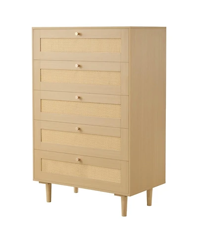 Sugift 5 Drawer Rattan Dresser, Modern Closet Chest with Metal Handles, Wood Legs