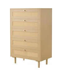 Sugift 5 Drawer Rattan Dresser, Modern Closet Chest with Metal Handles, Wood Legs