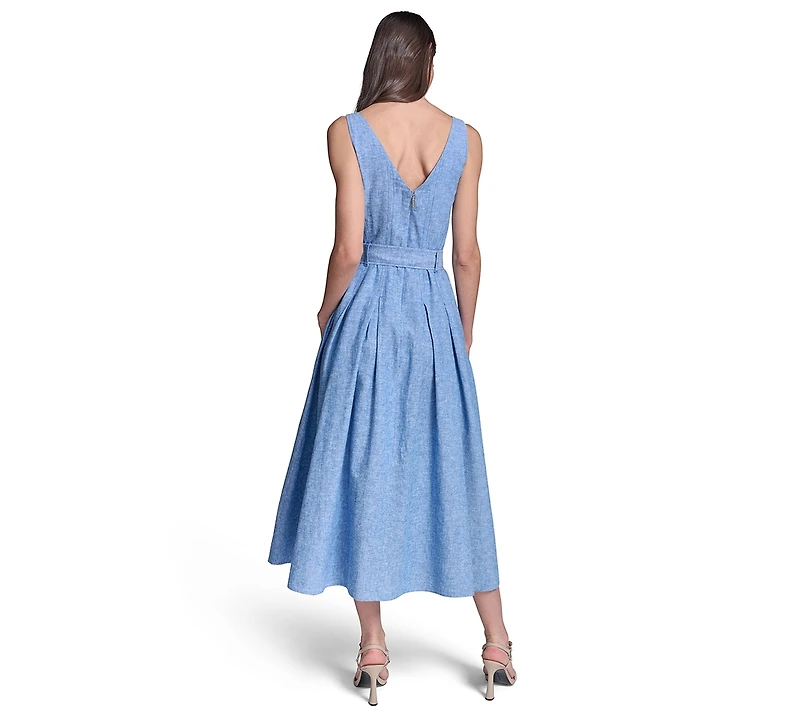 Karl Lagerfeld Paris Women's Fit and Flare Belted Midi Linen Dress