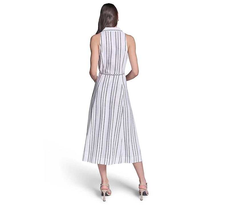 Karl Lagerfeld Paris Women's Striped Linen Midi with Rope Belt Shirtdress