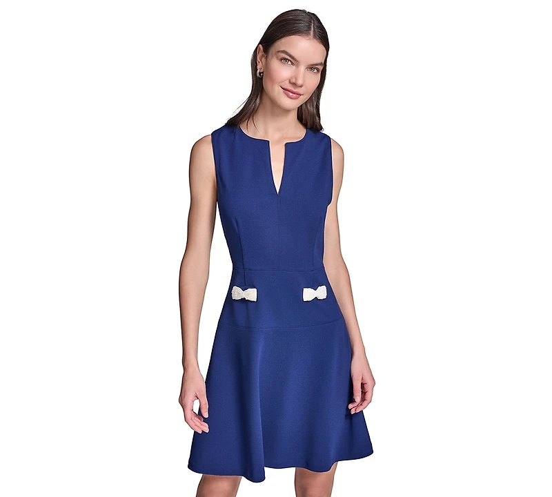 Karl Lagerfeld Paris Women's Fit and Flare Scuba Crepe with Pearl Bow Pockets Dress
