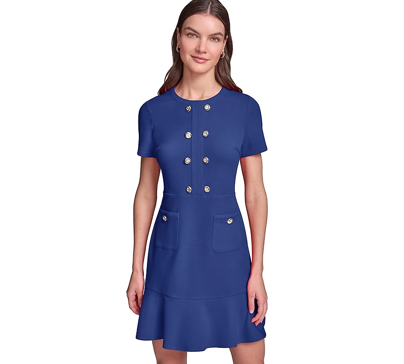 Karl Lagerfeld Paris Women's Short-Sleeve Scuba Crepe with Flounce Hem and Button Dress