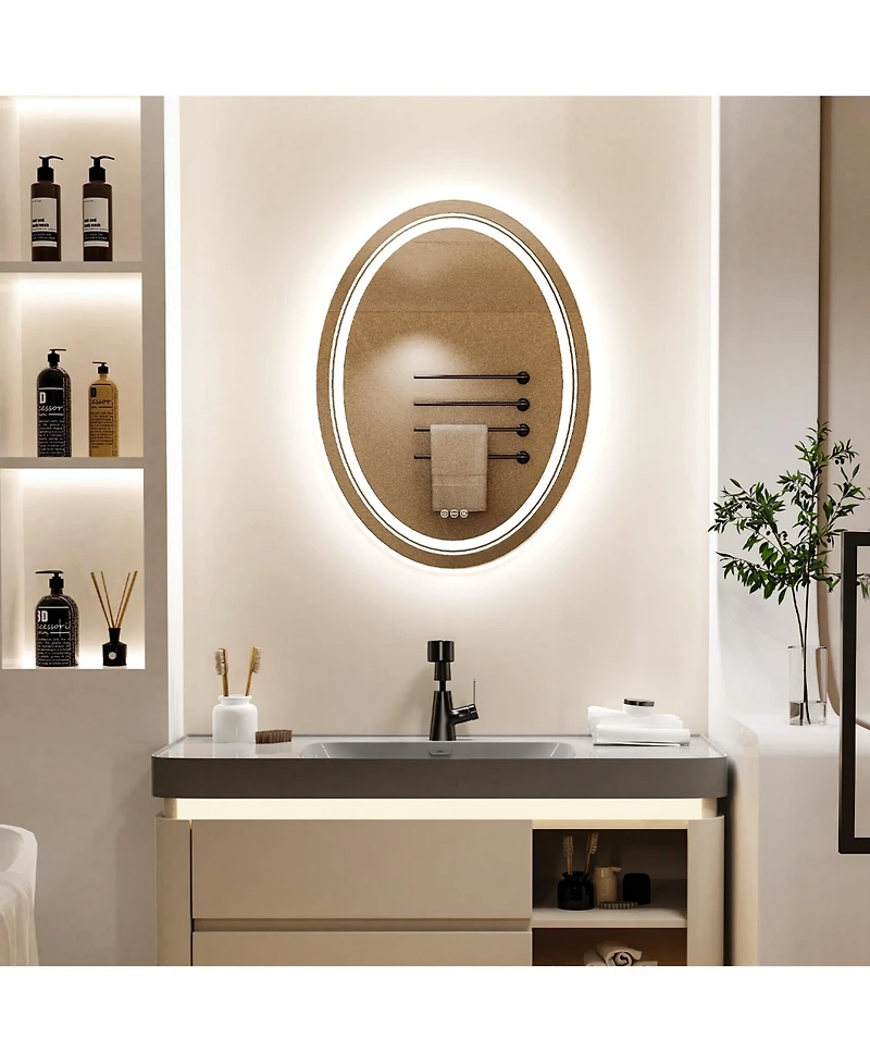 Luvodi Oval Led Bathroom Mirror 28"x20" Wall Mounted Makeup Mirror Dimmable, Memory, 3 Colors (Front Lights + Backlit)