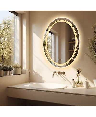 Luvodi Oval Led Bathroom Mirror 28"x20" Wall Mounted Makeup Mirror Dimmable, Memory, 3 Colors (Front Lights + Backlit)