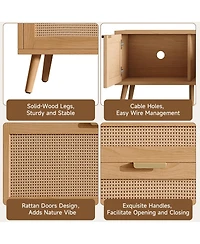 Rainsken 70 Inch Tv Stand with Rattan Doors for TVs , Modern Wood Entertainment Center with Storage Cabinets and Cable Holes for Living Room