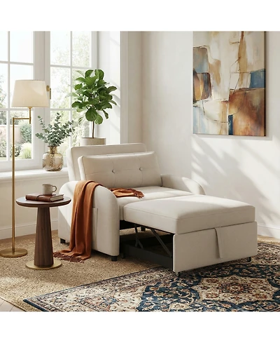 Rainsken Folding Convertible Sleeper Couch, Breathable Cotton Linen Sofa Bed with Back Pillow and Storage Side Pocket for Living Room