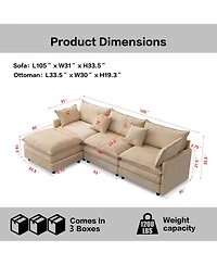 Rainsken 105" Modular Sectional Sofa, Modern L-Shaped 3-Seater Couch, Convertible Chenille Fabric Sofa with Detachable Ottoman for Living Room
