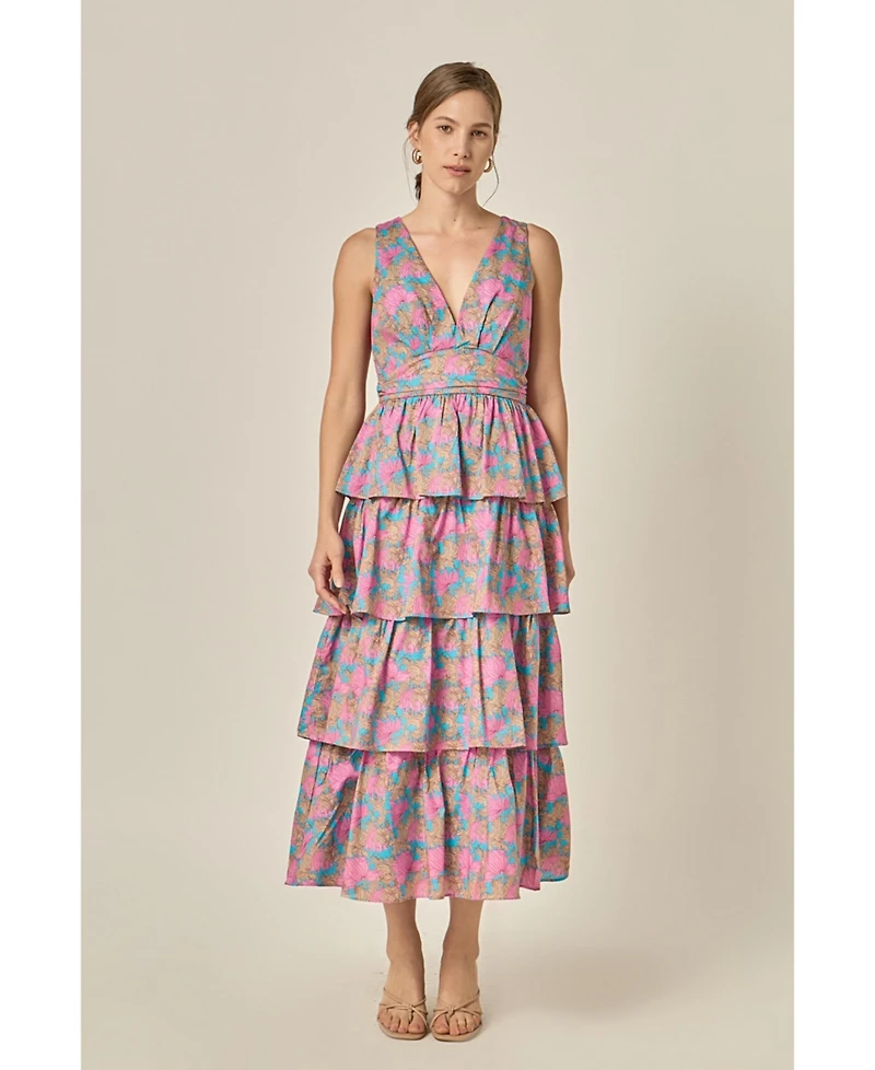 English Factory Women's Deep V-neck Tiered Maxi Dress