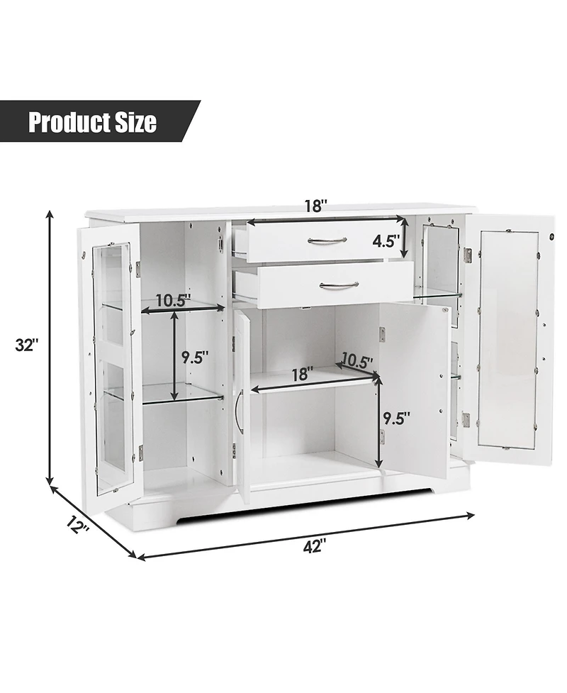 Gouun Sideboard Buffet Server Storage Cabinet with 2 Drawers and Glass Doors, 42 x 11.5 x 32
