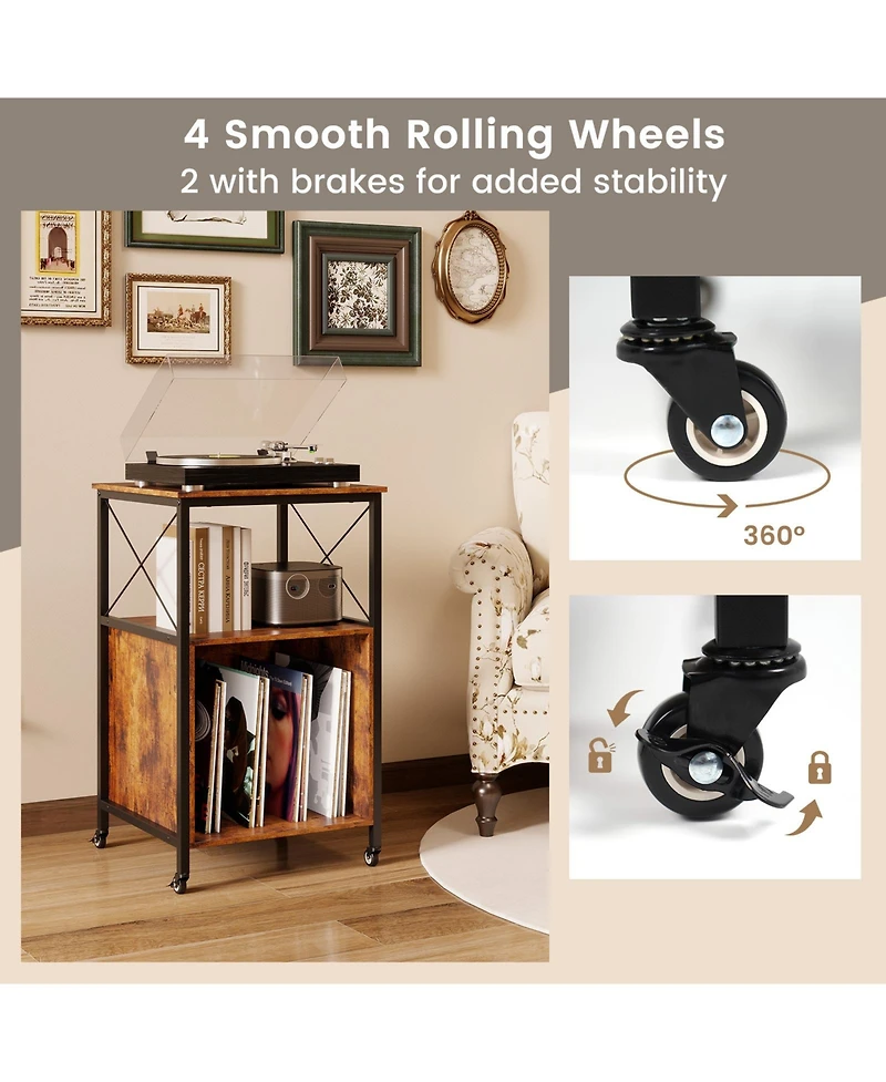 Sugift Mobile Record Player Stand with Power Outlet with Open Shelf and Dividers