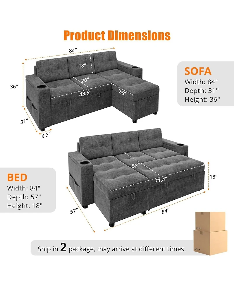 gaomon Sofa Bed, 84 in Sleeper Sofa with Pull Out Bed, Comfy Couches for Living Room with 2 Charging Ports, L Shaped Couch with 2 Storage Armrest