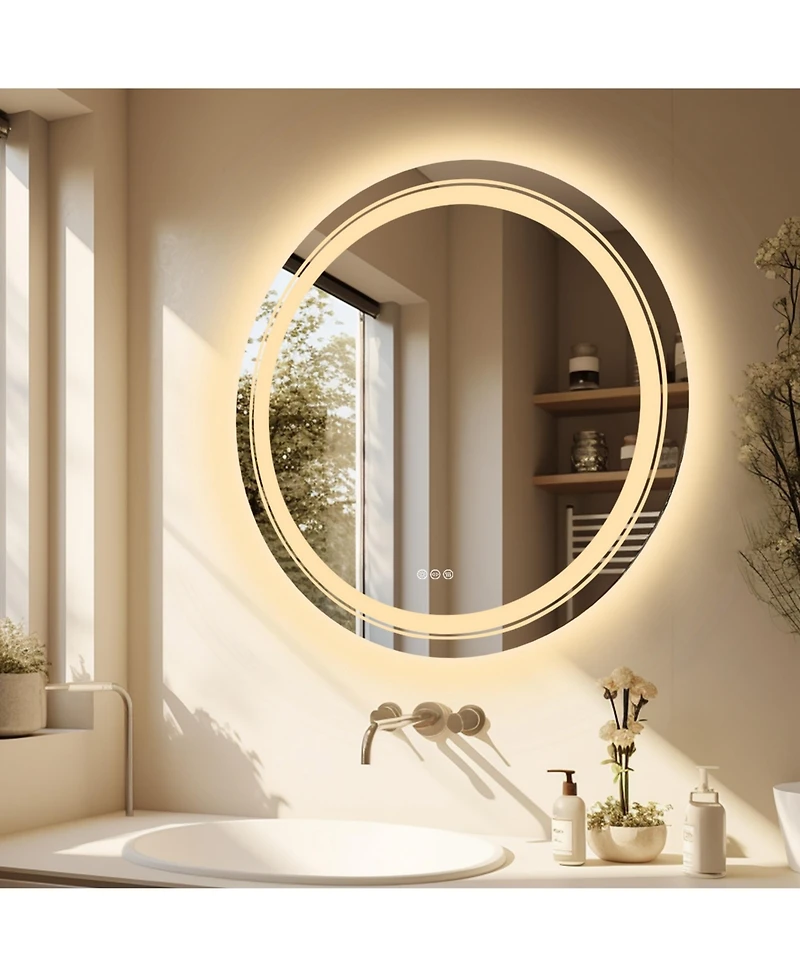 Luvodi 24" Round Dimmable Wall Mounted Led Bathroom Mirror Smart Mirror Anti Fog with Touch Switch
