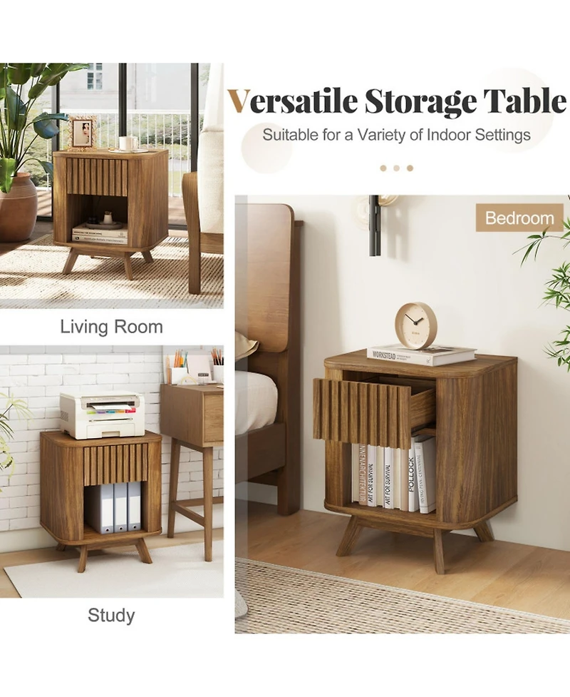 Gouun Mid-Century Wood Nightstand with Drawer and Open Shelf