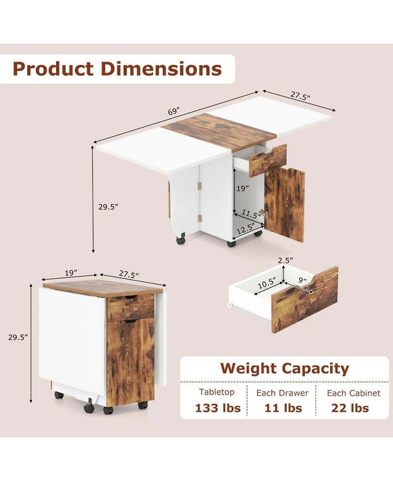 Gouun 3-in-1 Folding Drop Leaf Dining Table with Drawers, Cabinets, and Lockable Wheels