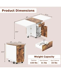Gouun 3-in-1 Folding Drop Leaf Dining Table with Drawers, Cabinets, and Lockable Wheels