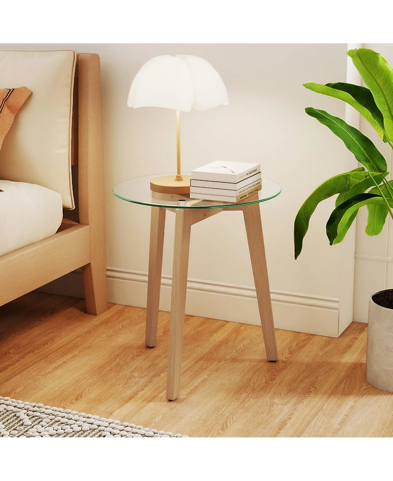 Sugift Tempered Glass End Table Round with Solid Rubber Wood Structure-1 Piece