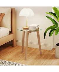 Sugift Tempered Glass End Table Round with Solid Rubber Wood Structure-1 Piece