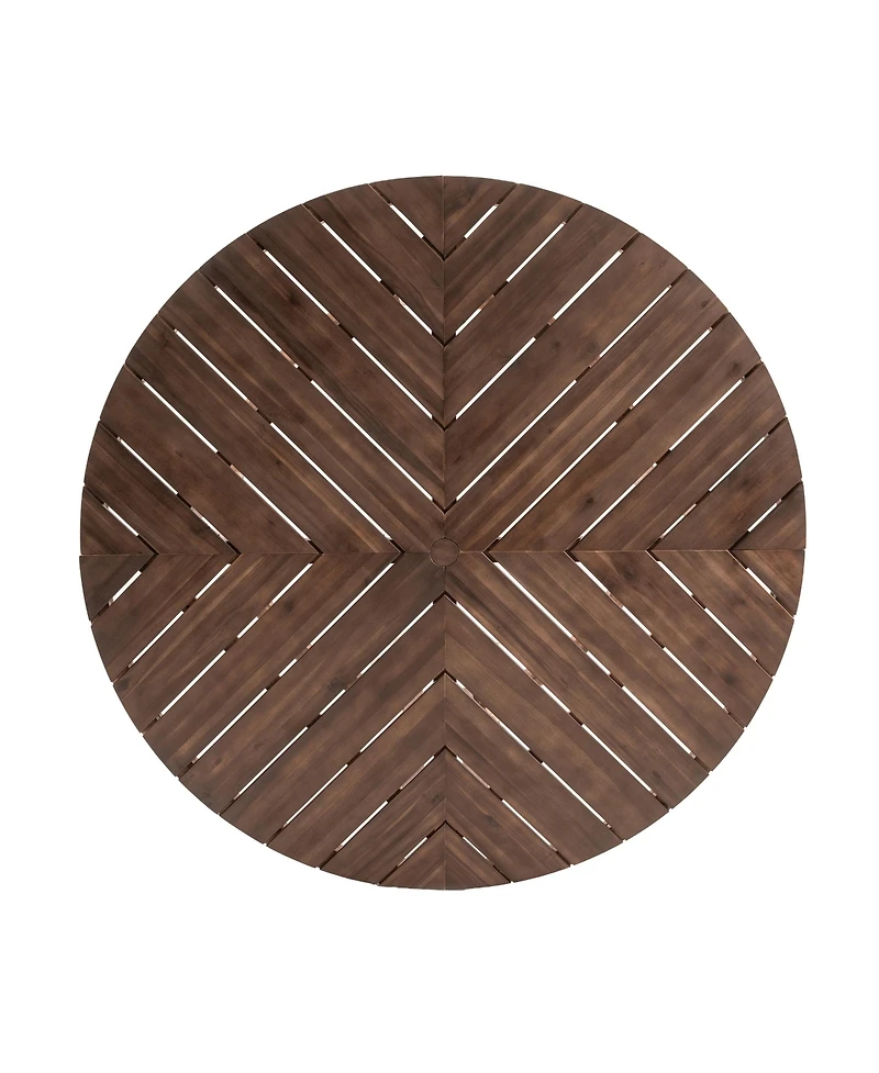 Rainsken 59" Round Patio Dining Table, Herringbone Pattern Acacia Wood Table with Umbrella Hole and Circular Base for Garden, Poolside and Backyard