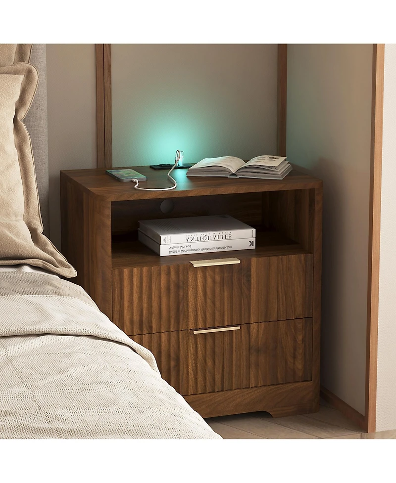 Rainsken 2-Drawer Bedside Nightstand with Built-in Charging Station, Led Night Light and Open Storage Shelf for Bedroom and Living Room