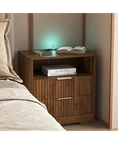 Rainsken 2-Drawer Bedside Nightstand with Built-in Charging Station, Led Night Light and Open Storage Shelf for Bedroom and Living Room