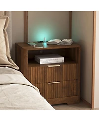 Rainsken 2-Drawer Bedside Nightstand with Built-in Charging Station, Led Night Light and Open Storage Shelf for Bedroom and Living Room