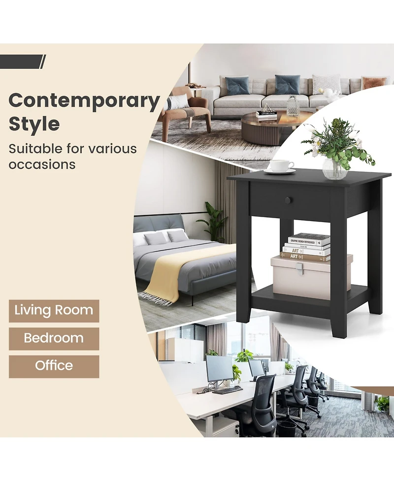 Sugift Nightstand with Drawer 3-Tier Modern Bedside Table with Open Shelf and Storage