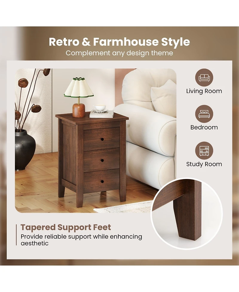 Sugift Modern Bedside Cabinet with 3 Drawers for Living Room and Bedroom-Walnut