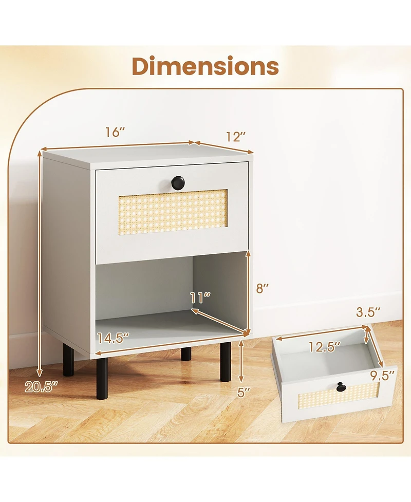 Sugift Rattan Nightstand Boho End Table with Rattan Drawer and Open Shelf