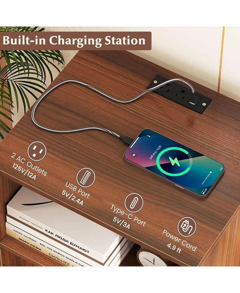 Sugift Record Player Stand with Charging Station Turntable Stand with Vinyl Storage-Walnut