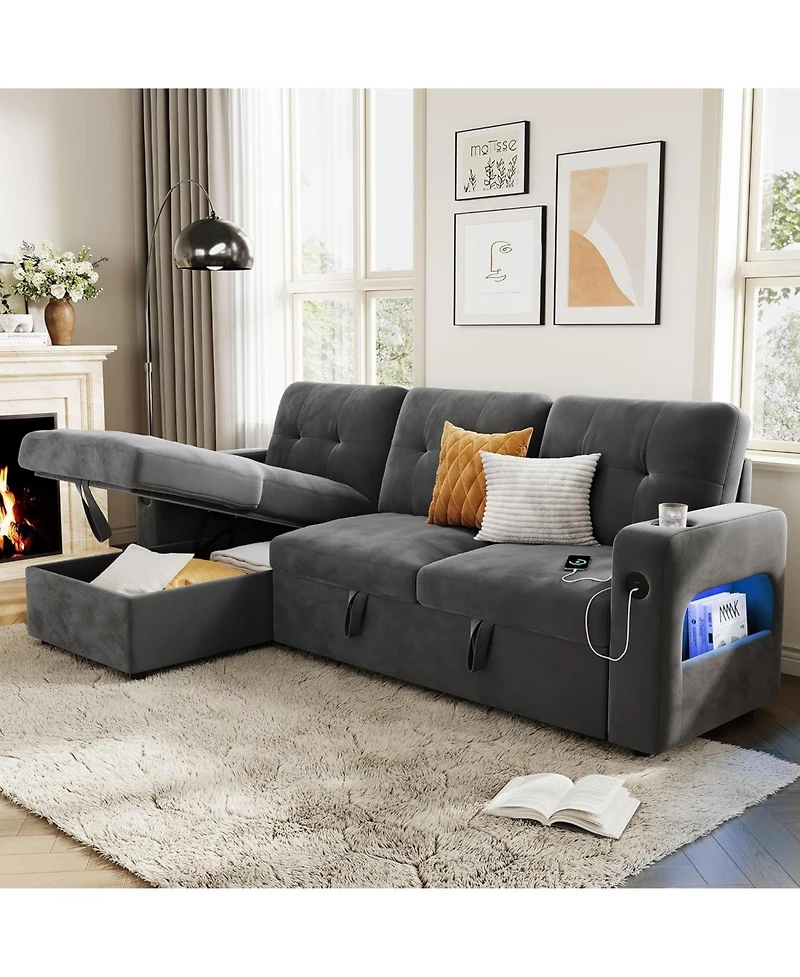 gaomon 84" Sleeper Sofa with Storage and Charging Station, Convertible Sectional Couch Bed Led Lights, Reversible Chaise, Pull Out